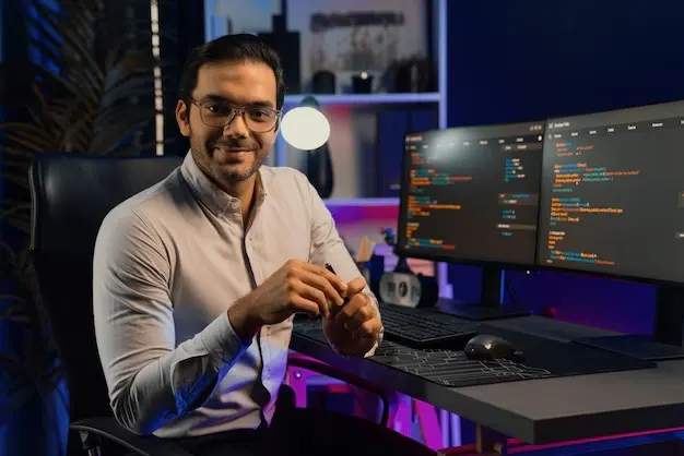 Desenvolvedor sorrindo diante de monitores com código