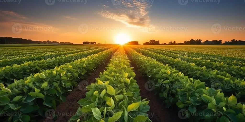 Lavoura de soja ao pôr do sol em Mato Grosso